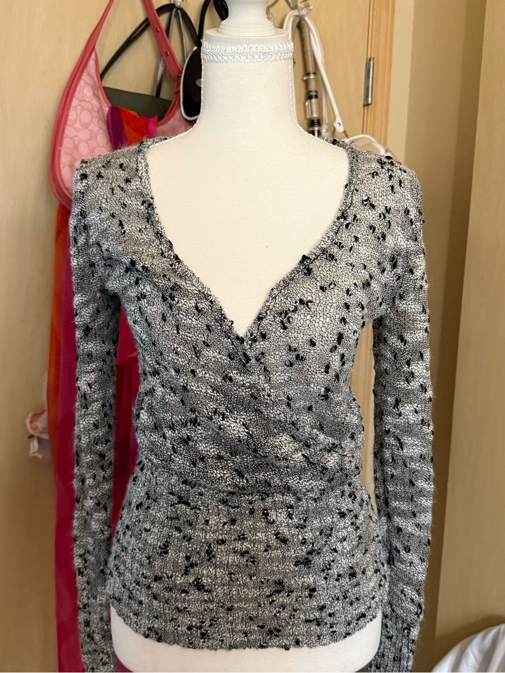 Maurices Black & Gray Speckled V-Neck Wrap-Style Knit Top